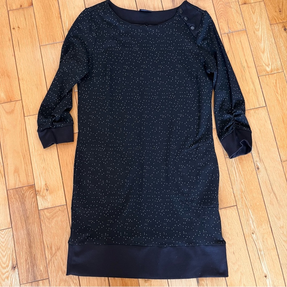 Casual Black Sheath Dress with Bateau Neckline and Cuffed Sleeves